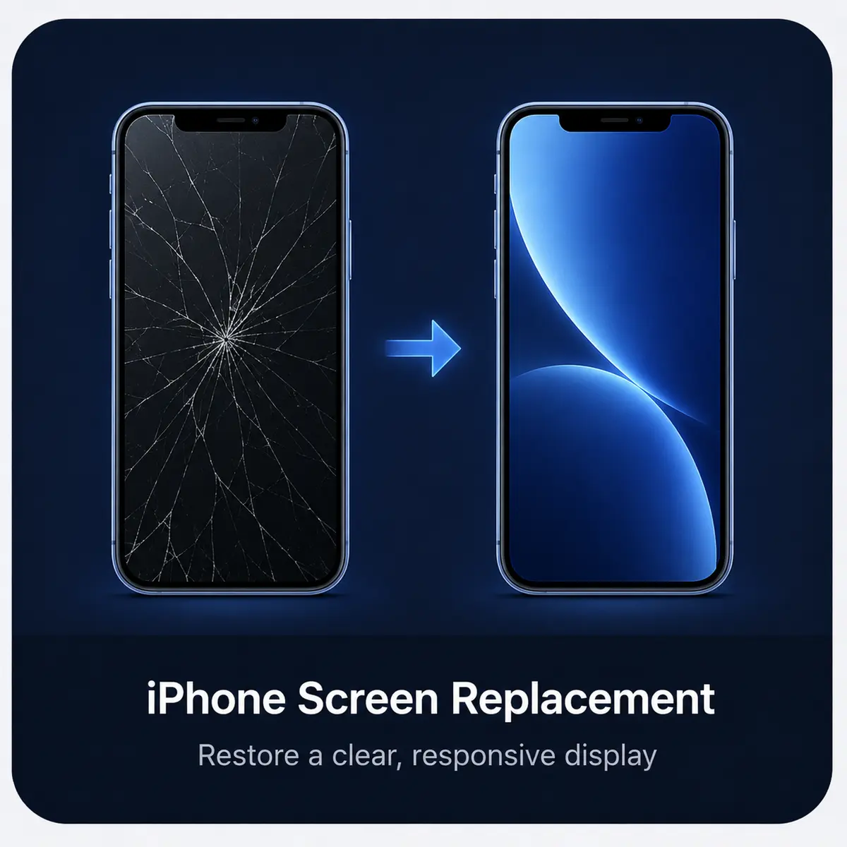 Cracked iPhone screen before and after screen replacement